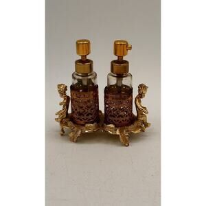 Vintage Cherub Perfume Glass Bottle Set Ormolu Gold Filigree Holder by SAM FINK